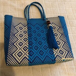 Blue and White Woven Tote Bag